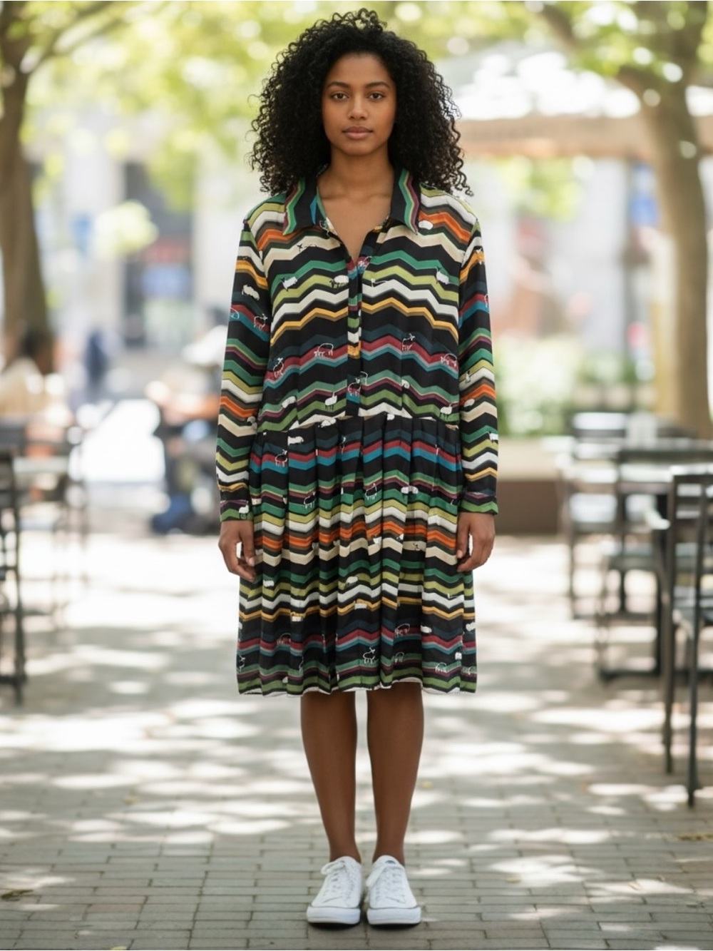 Eloquii Sheep Print Multicolor Zigzag Button‑Front Shirt Pleated Style Dress